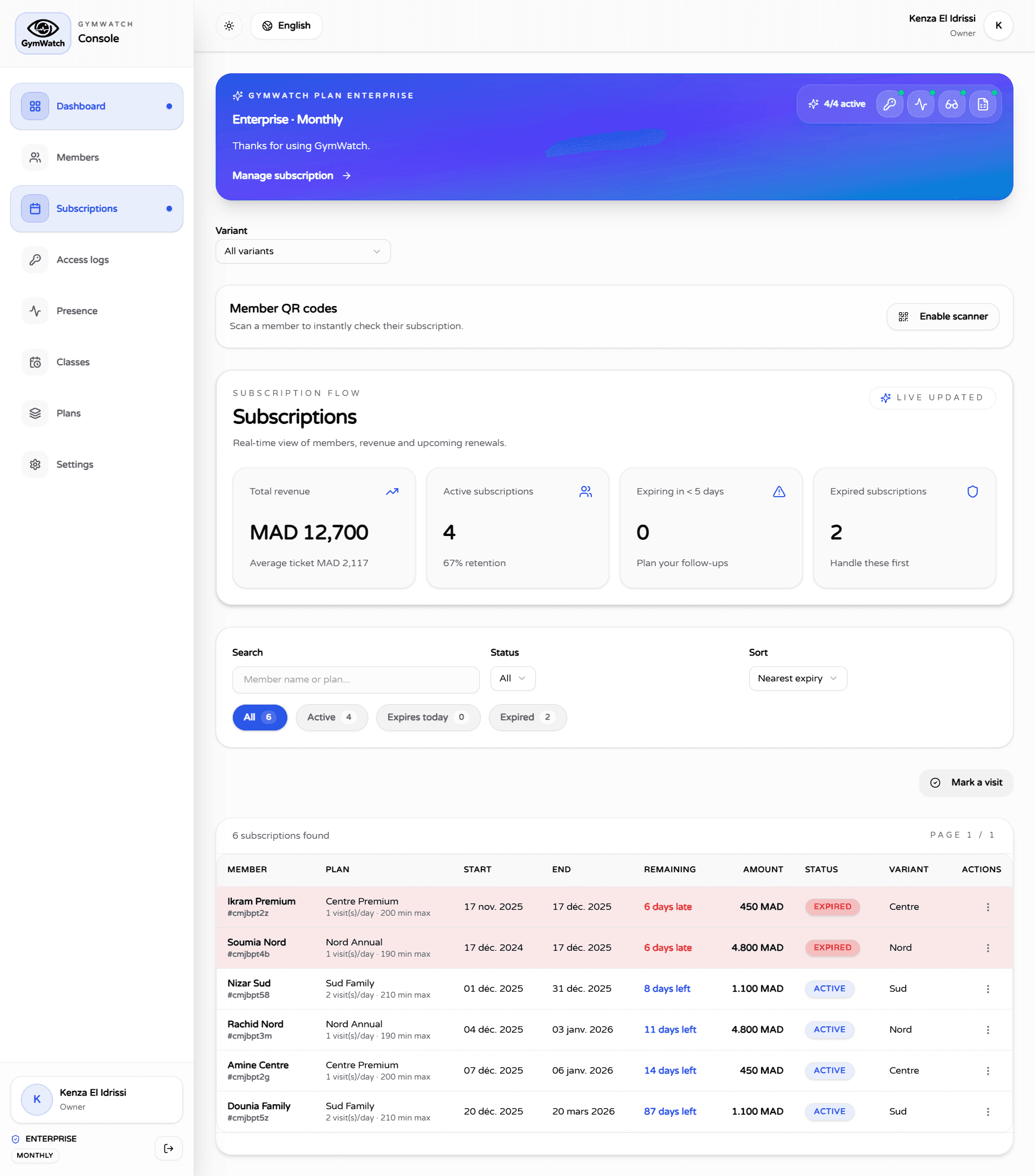 Capture de la page Abonnements GymWatch